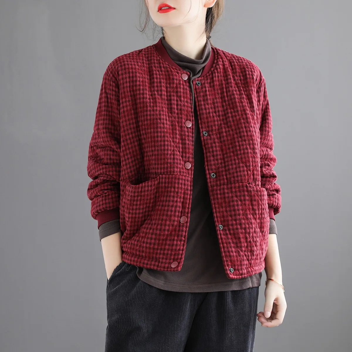 

Autumn Winter Plaid Cotton Jaet ort Loose Baseball Collar Thiened Retro Sle Women's Coat Warm Long Sve Casual Slim...