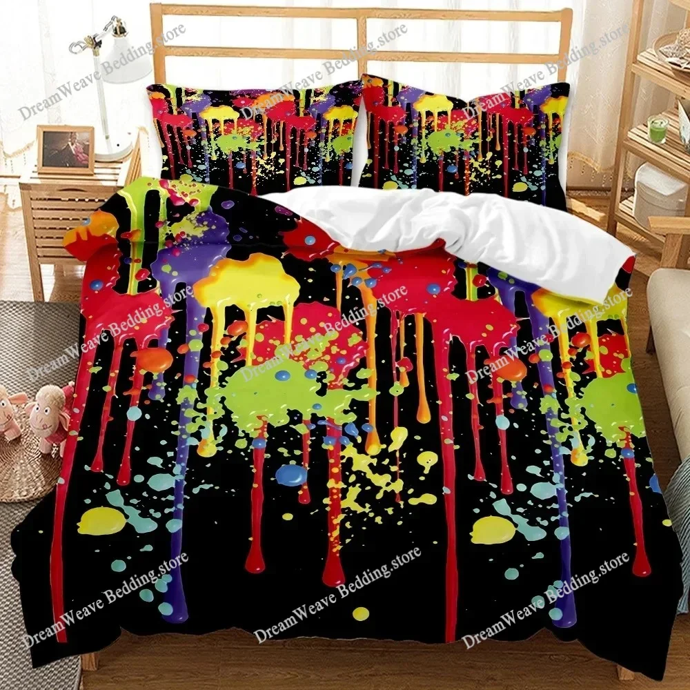 Abstract Duvet Cover Set, Grunge Style, Dirty Look with Colorful Watercolor Stains, Liquid Splashes, Polyester Bedding Set, Quee