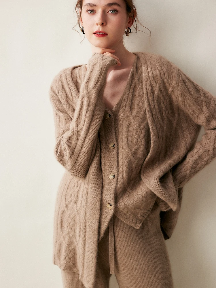 

TLOML Heavyweight Women100% Cashmere Sweater V-Neck Cable Knitting Cardigan Autumn Winter Soft Warm Cashmere Knitwear Chic Tops