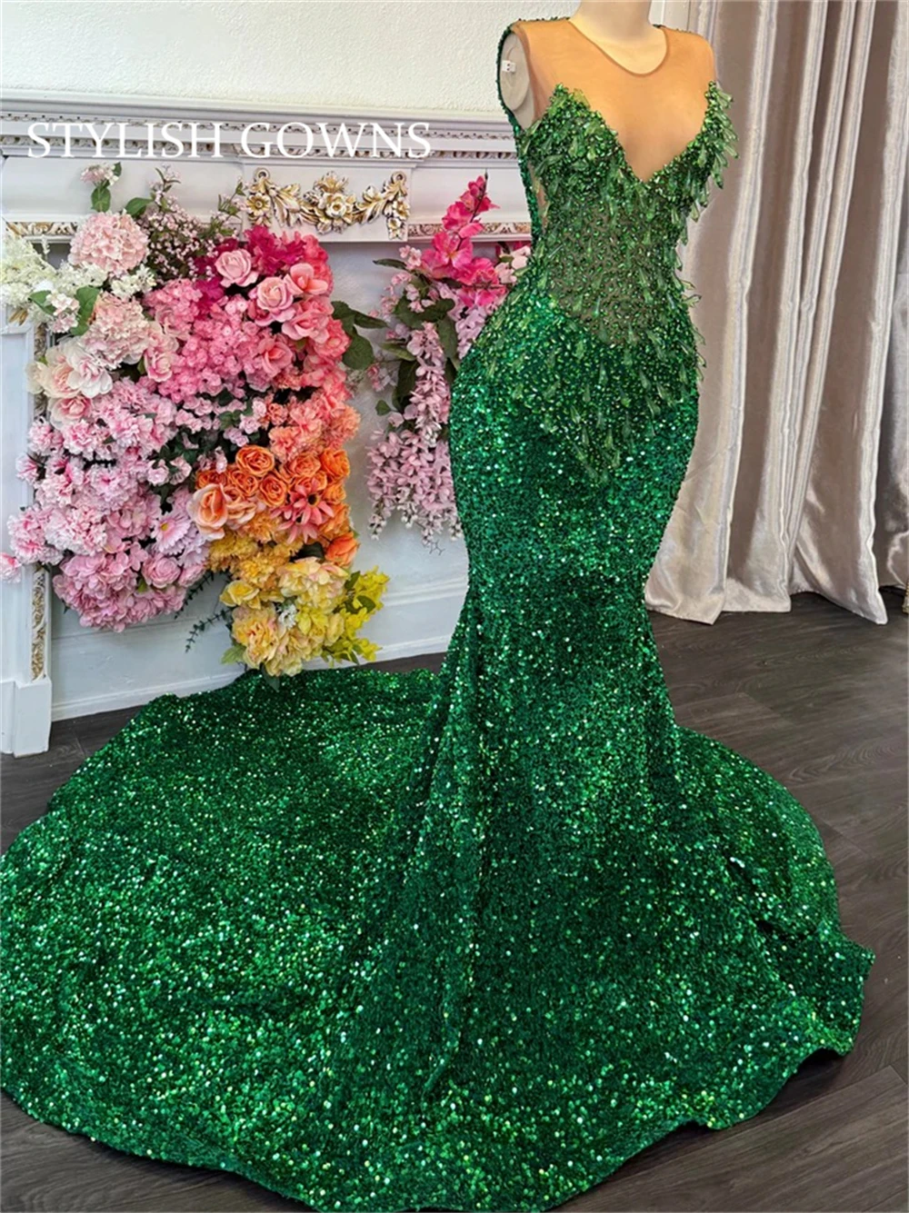 

African Glitter Green Sequins Prom Dresses Mermaid Formal Gown 2025 Crystals Black Women Birthday Party Dress Aso Ebi Customized