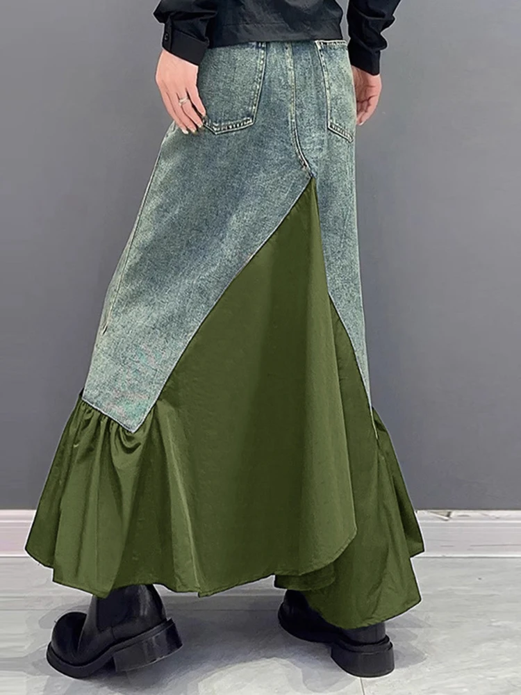 [EAM] High Elastic Waist Army Green Irregular Rruffles Denim Long Half-body Skirt Women Fashion New Spring Autumn 2024 1DH5218