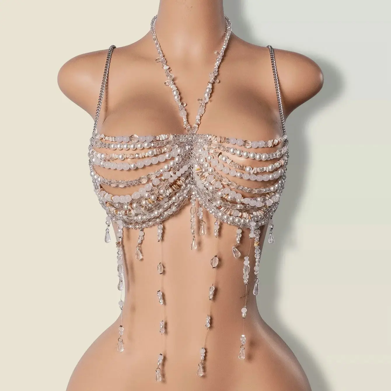 

European-American Style Imitation Pearl Handmade Beaded Body Chain Sexy Fringe Halter Necklace With Openwork Bikini Top
