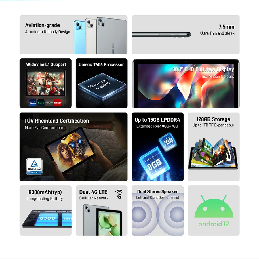 แผ่นแท็บเล็ต T10 Doogee เพิ่มแป้นพิมพ์8GB + 7GB RAM OCTA Core 8300mAh บรรจุ128 13MP กล้องหลัก10.1นิ้ว Android 12 Type-C