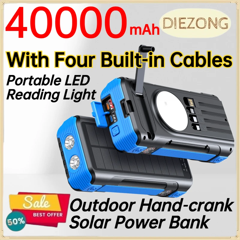 40000mAh Outdoor Hand‑crank Solar Power Bank for IPhone ＆ Tablet Portable LED Reading Light with Four Built‑in Cables