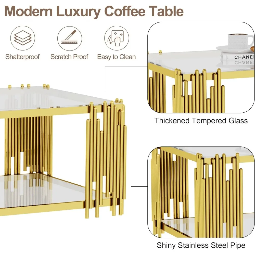 Mesa de centro de vidrio Mesa de salón moderna Pata de metal de acero inoxidable dorado 51" Rectangular transparente templado