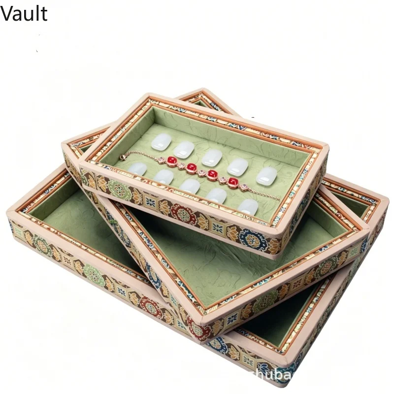 New Chinese Green Brocade Wood Jewelry Tray, Multi-Compartment Organizer for Necklace Bracelet Beads, Counter Display Stand