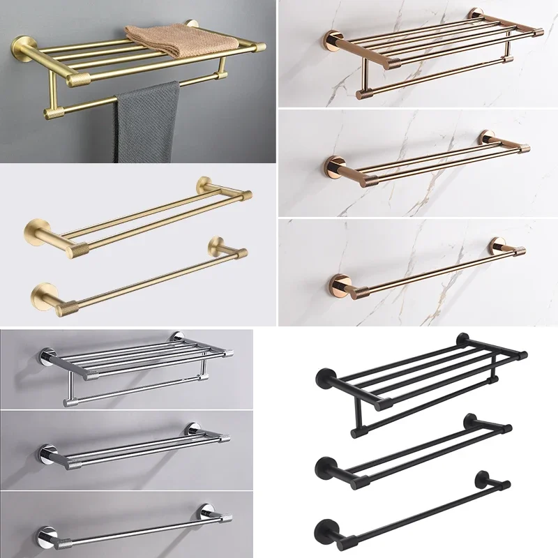Stainless Steel Glossy Rose Gold Double Towel Bar Wall-Mounted Towel Rack Bathroom Accessories Brushed Gold Black Chrome