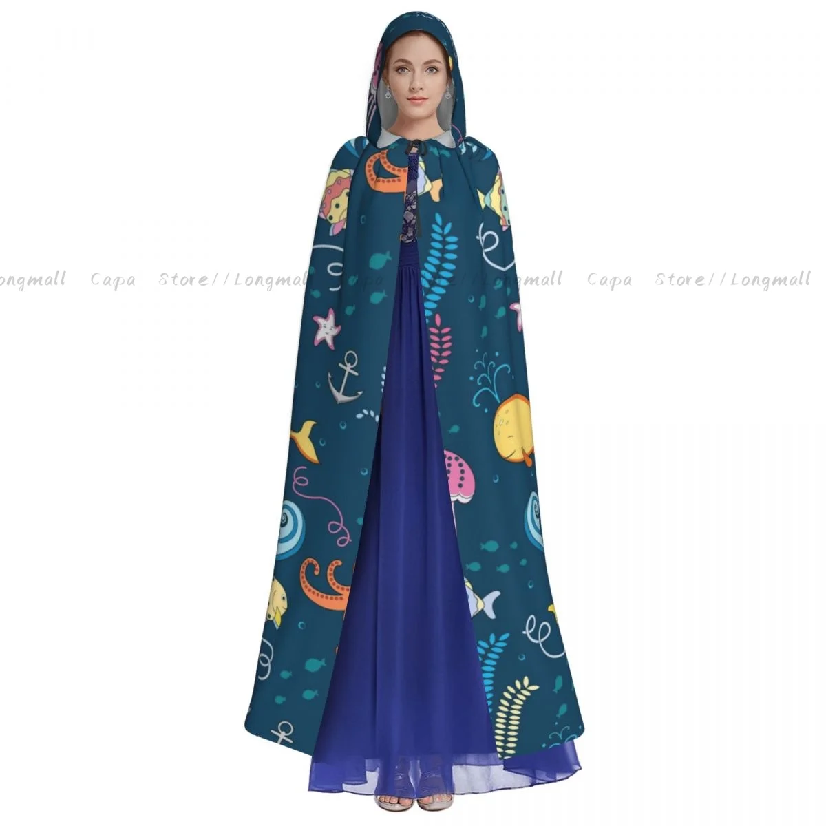 Adult Vampire Cape Hooded Robe Marine World Fish Octopus Jellyfish Starfish Anchor Seaweed Halloween Cloak Full Length Cosplay