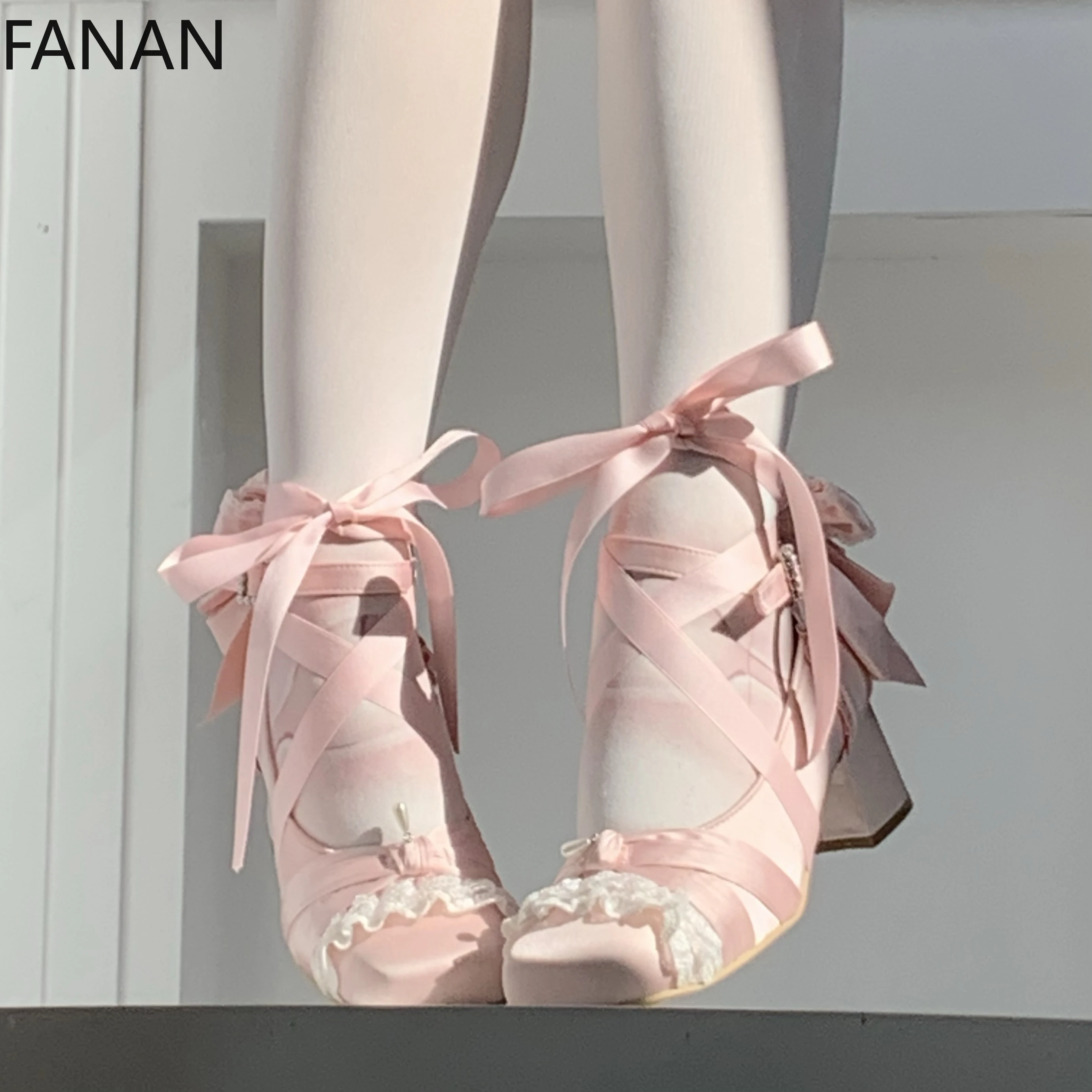 

Pink Lolita Women's Shoes Ballet Thick Heel High Heels Mary Jane Shoes Satin Elegant Platform Waterproof Pumps Original