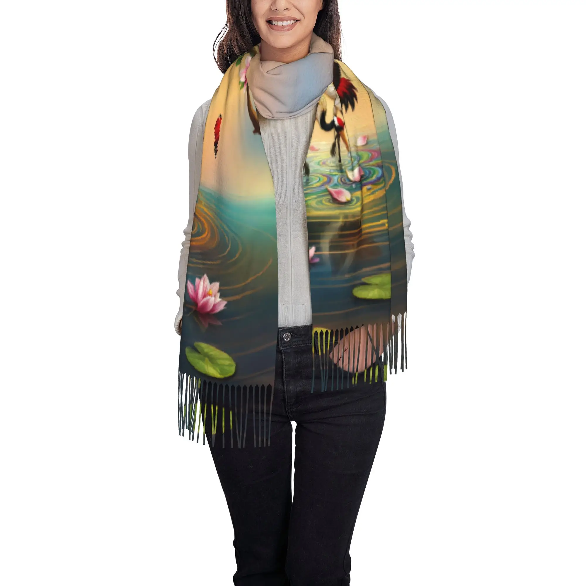 Custom Double Crane Magnolia Lotus Lake Sunset Oriental  Scarf Wrap for Women Long Winter Warm Tassel Shawl Unisex  Scarves