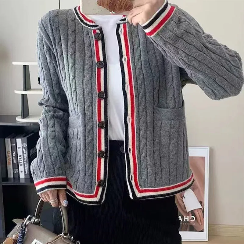 2024 Jesień Zima Szykowny Styl Preppy Dzianinowy Kardigan Odzież Damska Moda Vintage Luźne Swetry O-neck