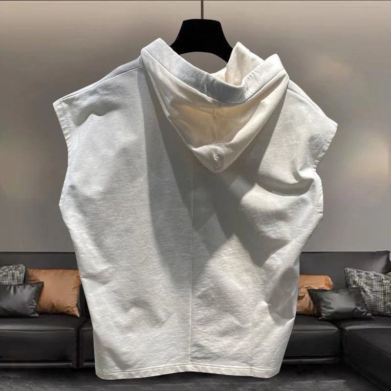 Summer Solid Men Drawstring Hooded Tank Top Fashion All-match Punk Casual 2xl Oversized Clothing Vest Tee Black White Street Gym