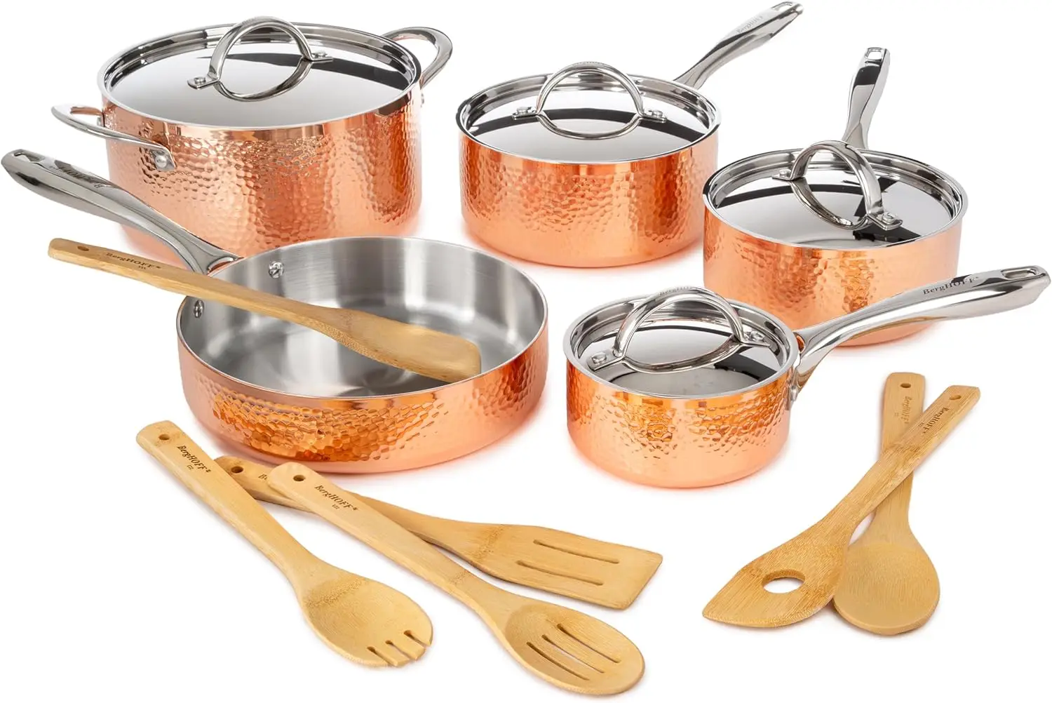 Berghoff Vintage 15Pc Tri-Ply Copper 18/10 Stainless Steel Cookware Set With Matching Lids, Bamboo Utensil Set, Hammered, Long