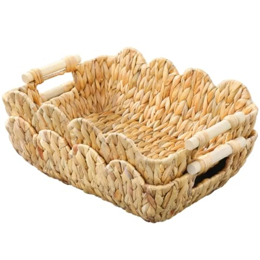 

Gift Basket, Cute Wicker Basket for Gifts, Scalloped Woven Water Hyacinth Storage Basket with Wooden Handles for Snack, Display