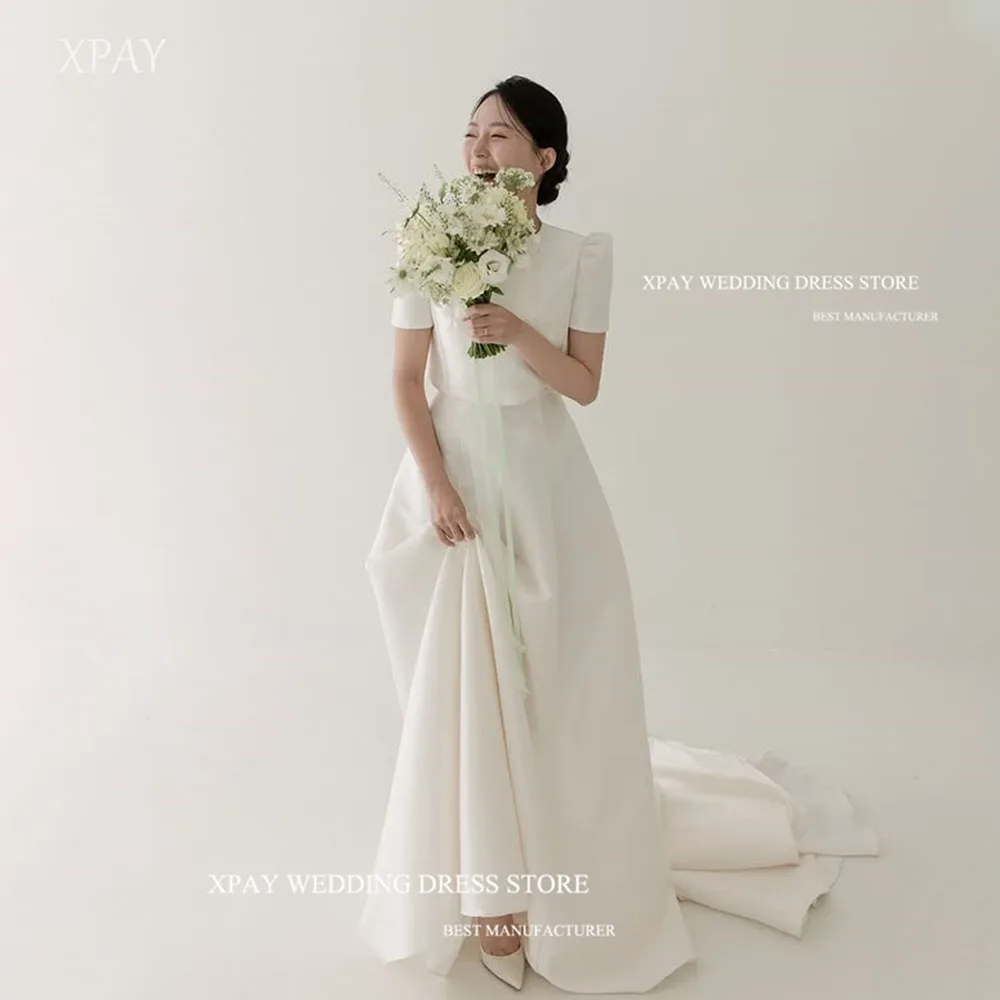 

XPAY Simple Ivory O-Neck Satin Wedding Dresses For Korea Photo shoot Floor Length Formal Party Customized Bridal Gown 웨딩드레스