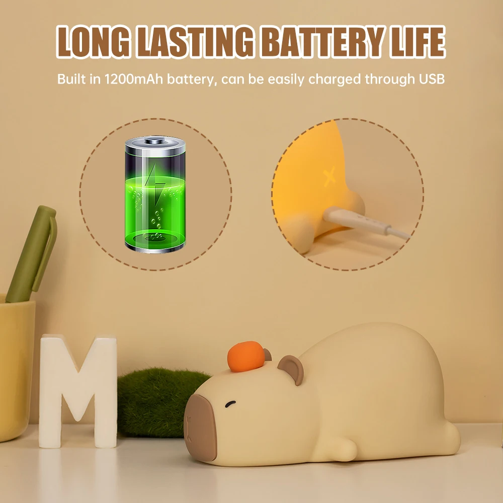 LED Night Light Cute Capybara Silicone Lamps USB Rechargeable Bedroom Sleep Timing Touch Lamp Home Decoration Children's Gifts