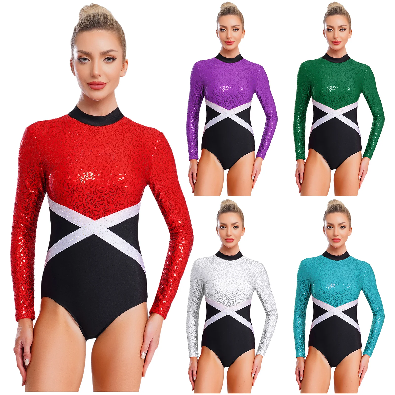 Womens Glittery Sequin Gymnastic Leotard Contrast Color Back Hollow-Out One-piece Jumpsuit for Figure Skating Ballet Dance