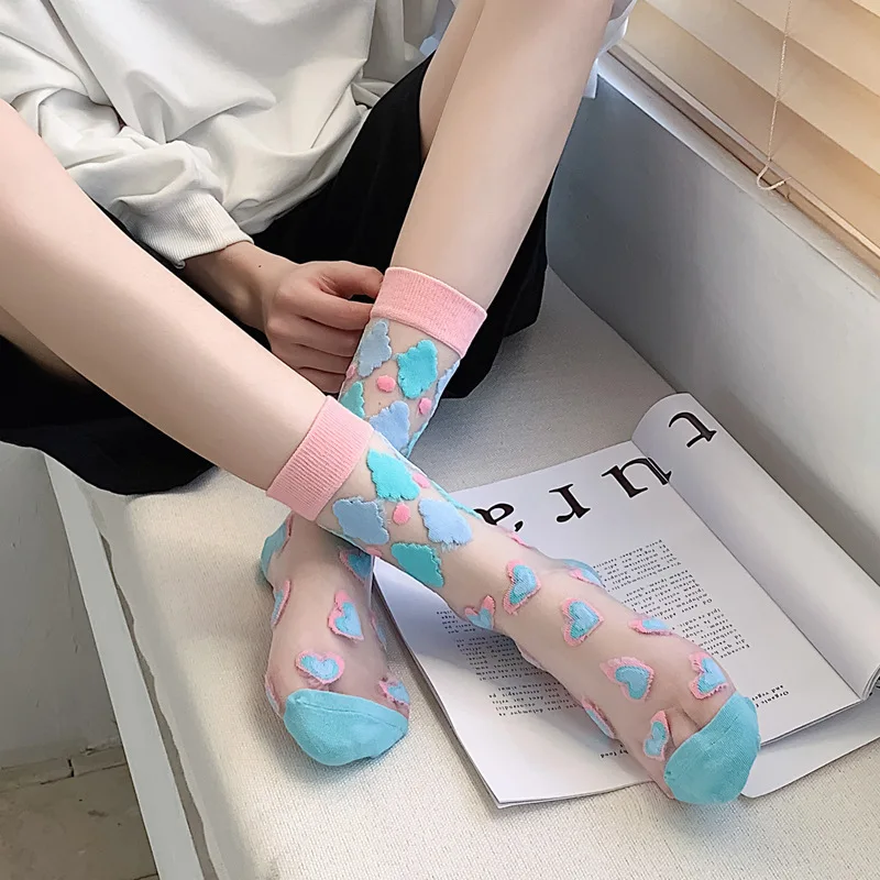 3/6 Pairs New Summer Thin Sweet Glass Silk Small Flower Glass Silk Middle Tube Casual Socks Hollow Transparent Crystal Socks