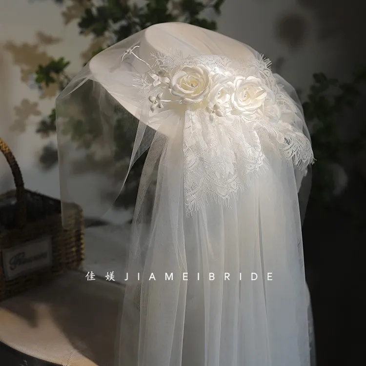 

Original Design Lace Fower Face Veil Wedding Hat for Women White Satin Fedoras Photo Shoot Formal Fedora Cap Bride Fascinators