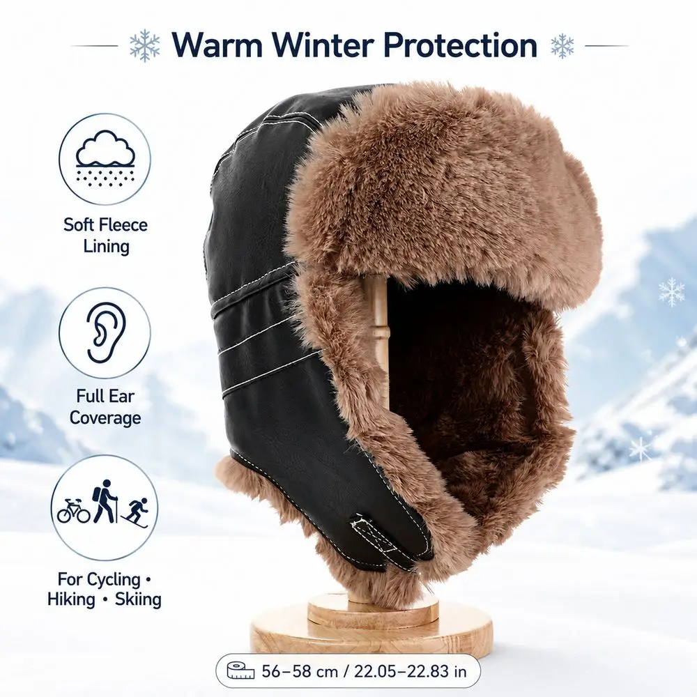 New Faux Fur Lining Trapper Hat Warm Waterproof Earflap Hat Fastening Chin Strap Bomber Hat Winter Outdoor Wear