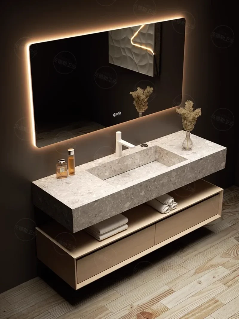 Rock slab terrazzo integrated basin hotel wind minimalist bathroom cabinet wash face