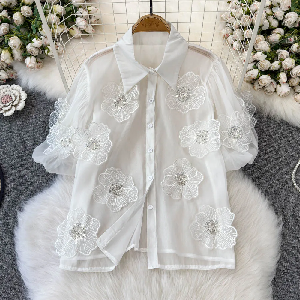 

Simple White See Through Shirts Women Y2k Lapel Neck Beading 3d Flower Blouses 2025 Summer New Blusas Mujer