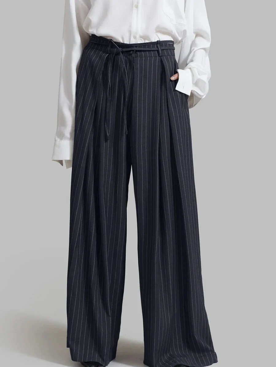 Wolfeel Striped Retro Loose Casual Suit Pants Women's Autumn Winter New High Waisted Pants Fashion Belt Straight Leg Trousers