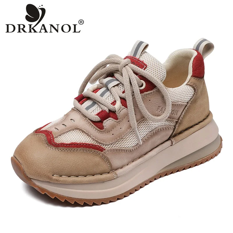 

DRKANOL Fashion Women Thick Sole Casual Sneakers Mixed Colors Genuine Leather Air Mesh Lace-Up Retro Shoes Comfort Ladies Shoes