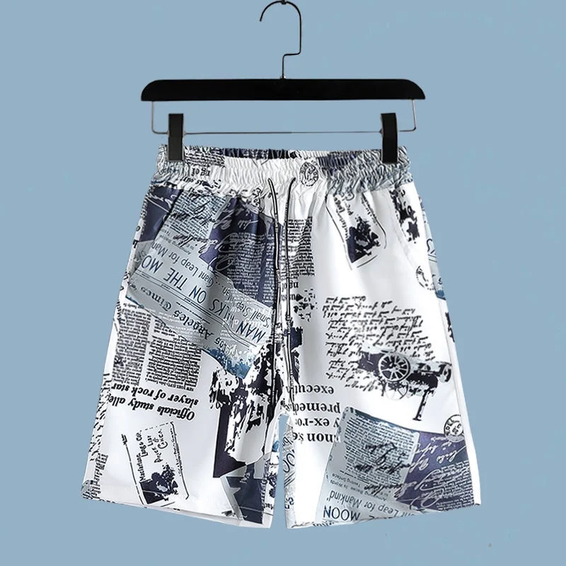 Men's Newspaper Printed 2-piece Set Short Sleeve Button Collar Shirt Drawstring Shorts Summer Hawaiian Beach Casual Wear view 4