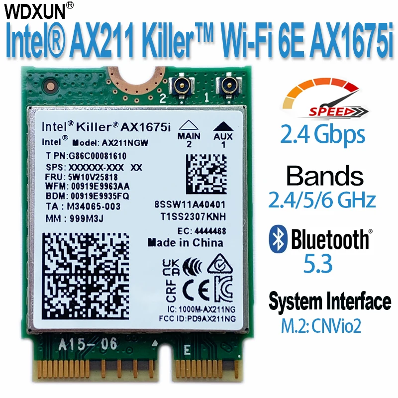 Killer AX1675i Wi-Fi 6E M.2 kunci E CNVio 2 Tri Band 2.4G/5G/6Ghz kartu jaringan nirkabel AX211 untuk Bluetooth 5.2 mendukung Windows 10