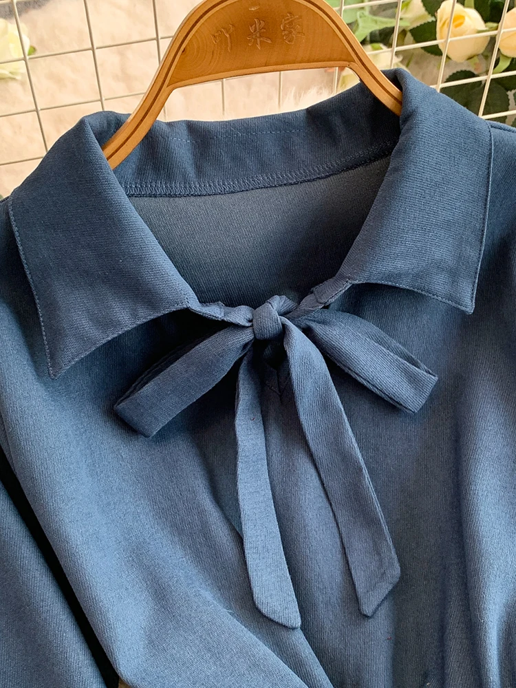 المرأة قميص فستان النمط الفرنسي الدانتيل يصل التلبيب فستان الخريف الشتاء حزام مطاط بسيط الصلبة منتصف طول فستان الإناث DS243