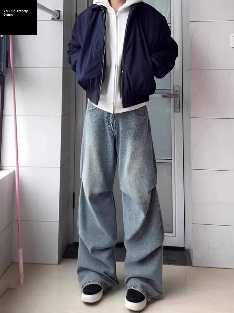 

Retro American Folded Knife Wide Leg Jeans Men's Autumn Winter Trendy Loose Straight Workwear Pants Deconstructed Casual Trou...