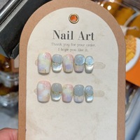 10Pcs French Handmade Press on Nails Blue Cat Eye Fake Nails Wearable Stick-on Nail False Nails Накладные Ногти Uñas Postizas