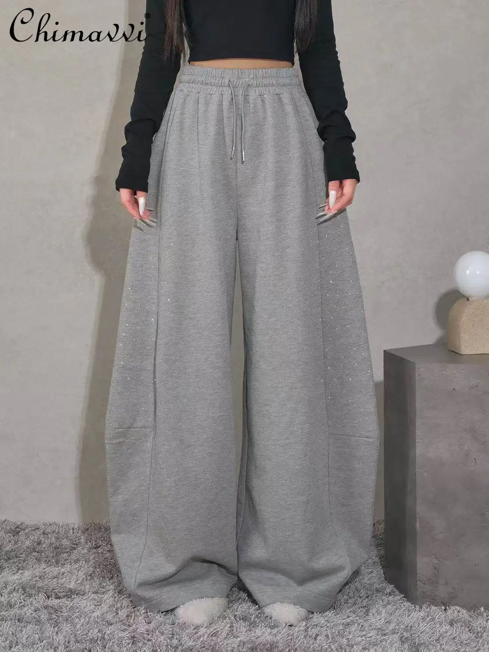 

Spring Summer New Japanese Style Fashion Loose Sequin Rhinestone Wide Leg Sweatpants Women's High Waist Drawstring Casual Pants