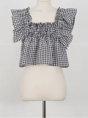 ฤดูร้อน 2025 ผู้หญิงลายสก๊อต ort Casual irt สแควร์ Fly Sve Overhead Slimming Top เส้นใยโพลีเอสเตอร์ 00% ใหม่ Sle