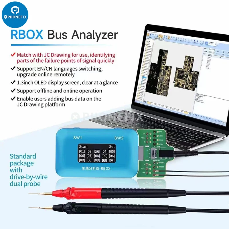 Jcid Rbox Bus Analyzer para Iphone e Android Phone Signal Fault Detection Repair Tool com jc Drawing Software Posicionamento Rápido