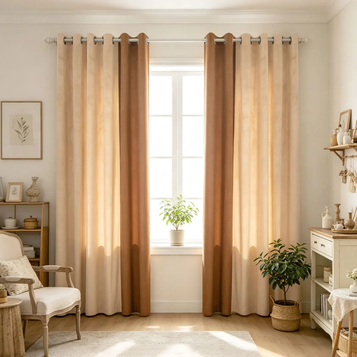 Caramel Brown & Beige Color‑Block Velvet Grommet Curtains 2pcs, Room Darkening Drapes for Bedroom Living Room Home Decor