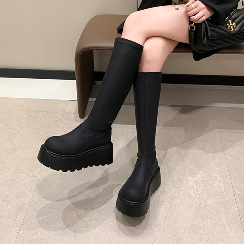 

Women Platform Flats High Boots Knee High Leather Shoes Woman 2025 Trend Winter New Fashion Dress Chelsea Motorcycle Botas Mujer