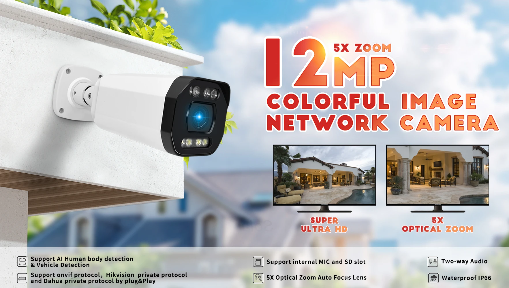 

12MP 5X Security PoE IP Camera Full Color Waterproof Big Bullet Motor Lens Two-way Audio CCTV Security Network Camera Outdoor