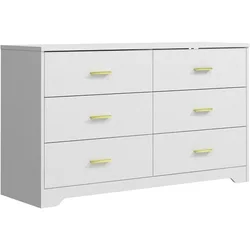 6 Drawer Wood Dresser, Wood Lateral Chest of Drawers Storage Organizer with Wide Drawers & Metal Gold Handles for Bedroom