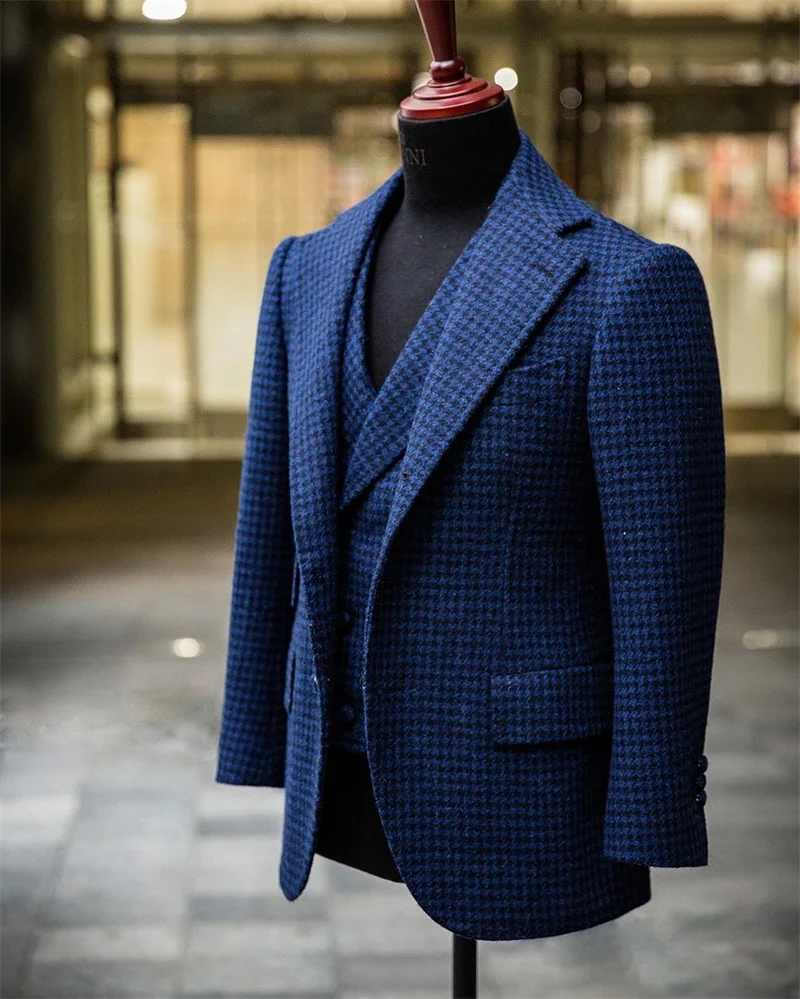 Blue Houndstooth ผู้ชายชุด Tailor-Made 3ชิ้นฤดูหนาว Blazer + เสื้อกั๊ก + กางเกงอย่างเป็นทางการงานแต่งงานเจ้าบ่าวพรหม Tuxedos แจ็คเก็ต