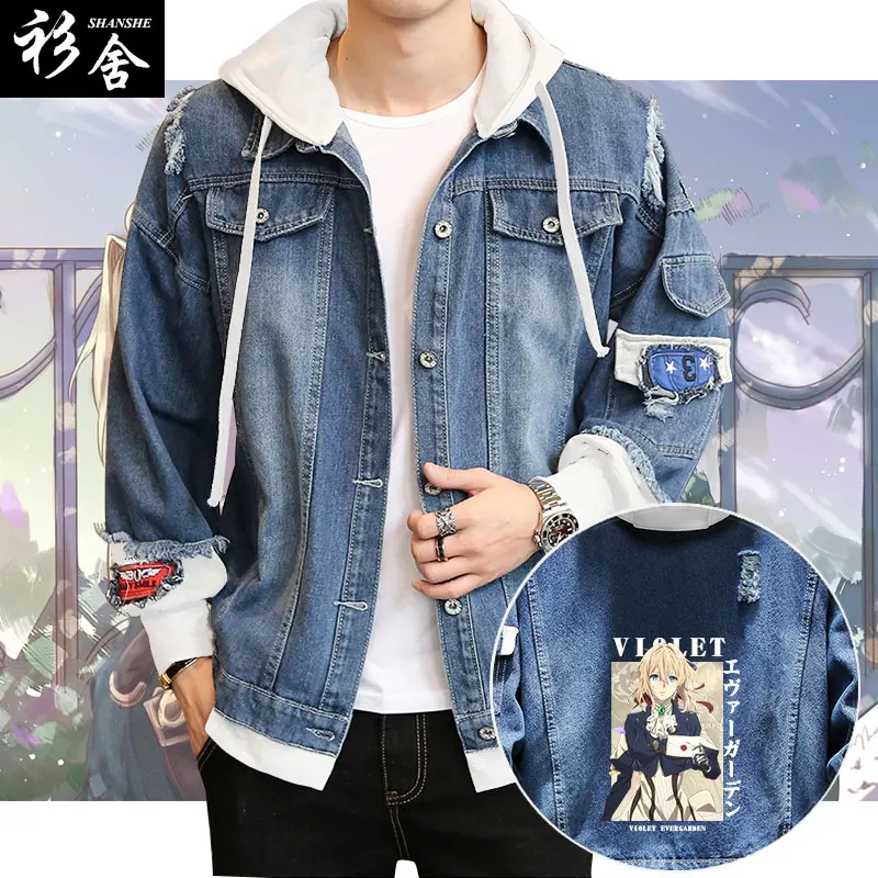 

Violet Evergarden Anime Hooded Denim Jaet ex Cotton Geometric Pattern Long Sve Youthful Sle Button Decoration