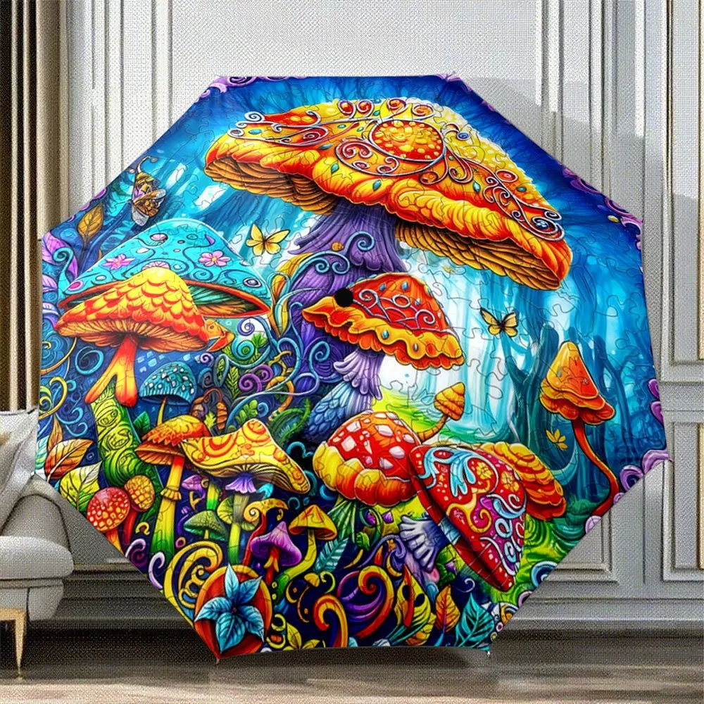 

Automatic Folding Umbrella with Magical Forest Mushroom & Design - 8-Rib Self-Opening/ Closing, Collapsible Portable Umbrella