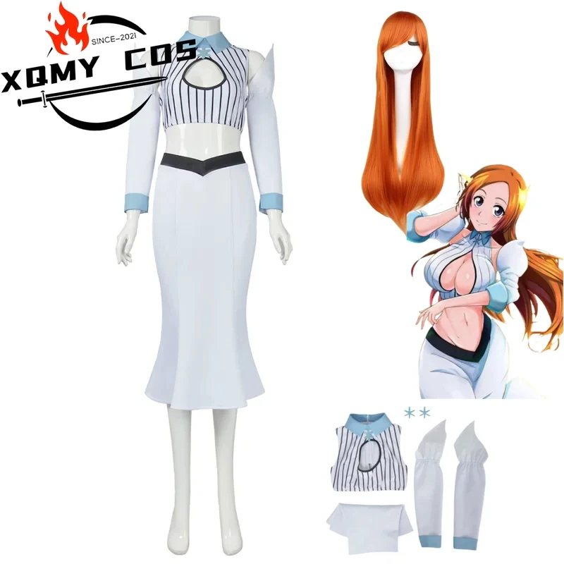 5;e,8\v,5/XQAnime Bleach Inoue Princess Orihime Cosplay Costume White Tops Skirt Uniform Wig Adult Woman Sexy Carnivalf,5'h\8/m' view 3