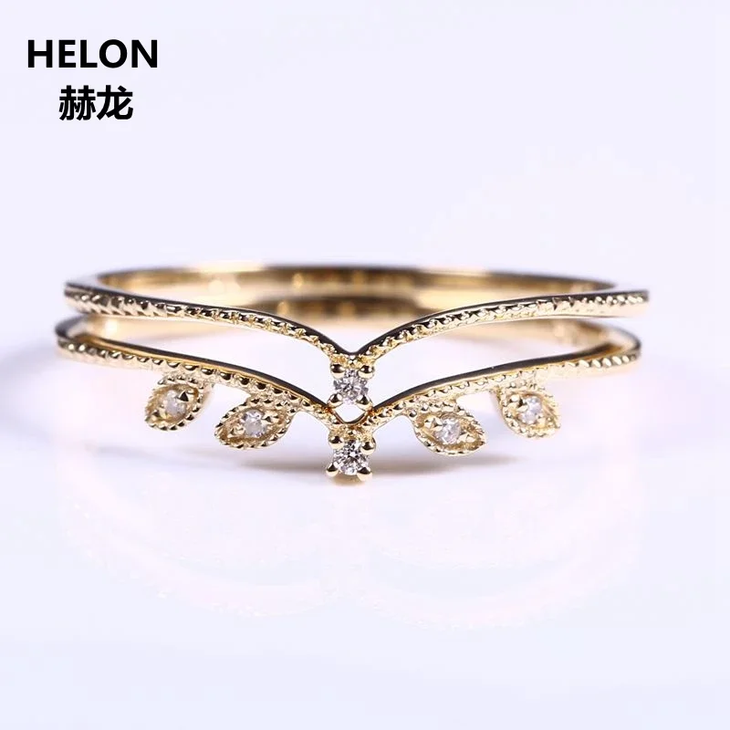 

Vintage Solid 14k Yellow Gold Certified Natural Diamonds Women Engagement Rings Romantic Wedding Bands Leaf Millgrain Two Rings