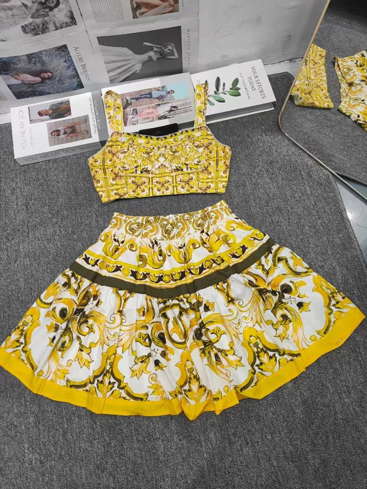 

2024 fashion retro print sexy suspender tube top women's short top+high waist and long skirt women's two-piece suit