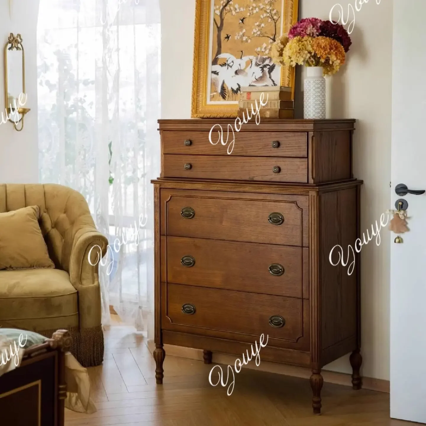 

J French Vintage Chest Of Drawers American Solid Wood Small Apartment Decoration Cabinet Bedroom Storage Cabinet Vintage Sofa Si