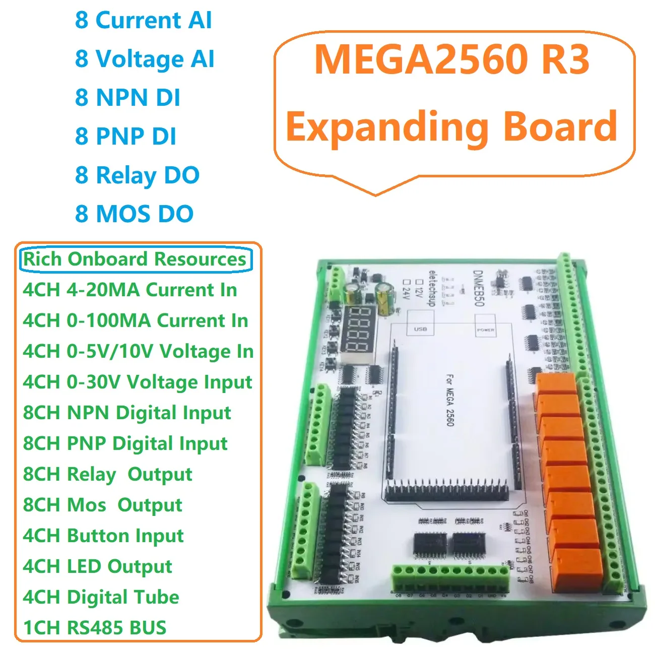 

Напряжение сухой влажный контакт MOS DNMEB50 MEGA2560 R3 RS485 Реле 4-20MA Ток 0-5 В/10 В/30 В Расширяющая плата 16DO-16AI-16DI