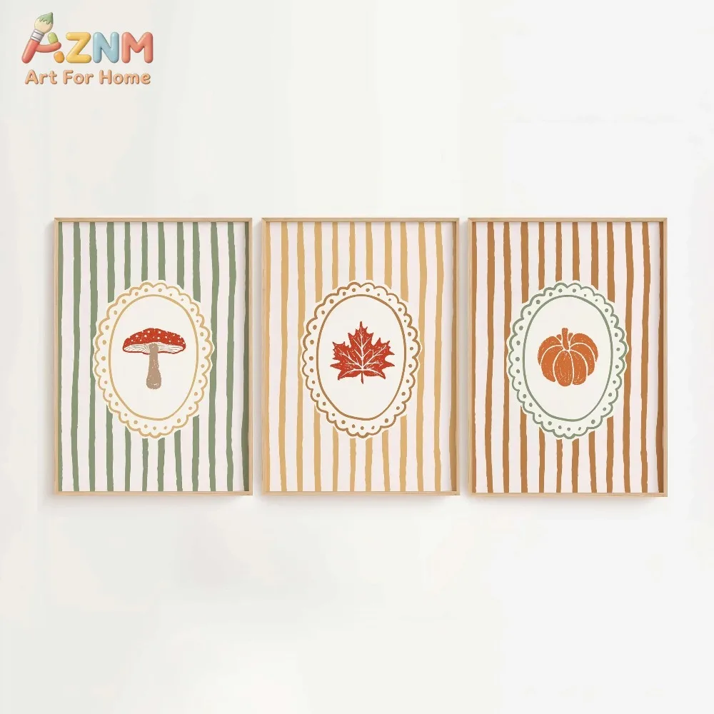 AZNM 3Pcs Striped Fall Canvas Wall Art, Cute Line Art Mushroom Maple Leaf Pumpkin Print Frameless Canvas Painting, Cottage