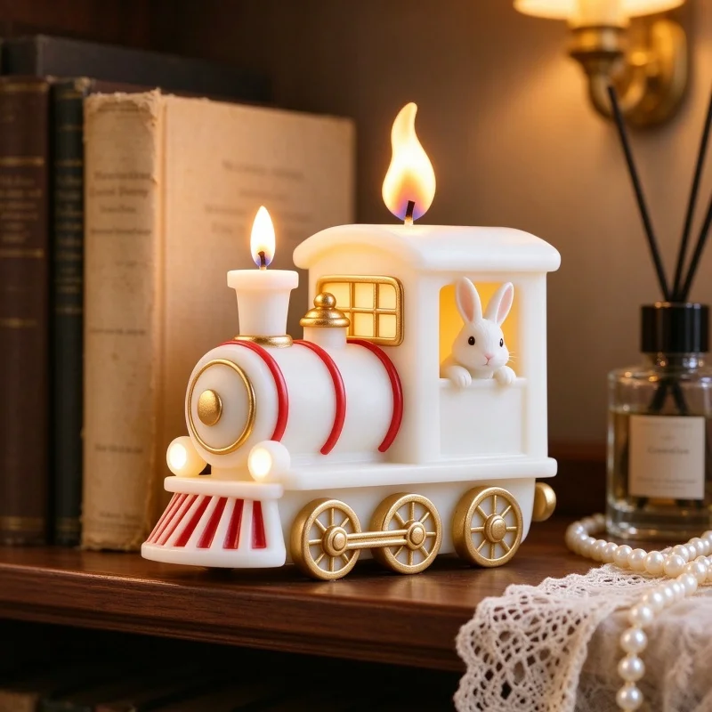 Art Train Rabbit Silicone Candle Mold, 3D Bunny Train Wax Mould DIY Resin Plaster Craft Easter Home Decor Gift